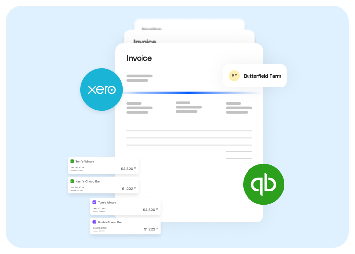 An invoice floating over a blue background with the logos of accounting software QuickBooks and Xero.