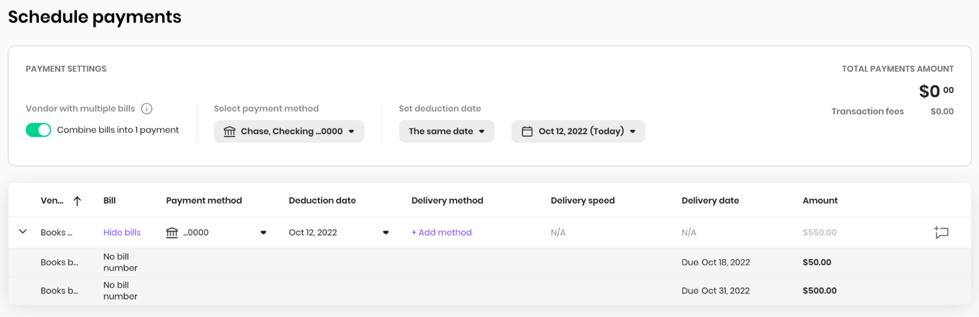 A screenshot of Melio's schedule payments screen with the combine bills option toggled on.