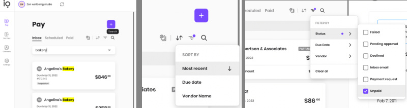 A screenshot of Melio's search, sort, and filter buttons.