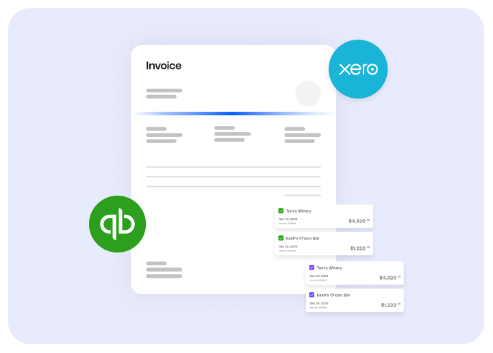 An invoice floating over a purple background with the logos of accounting software QuickBooks and Xero.