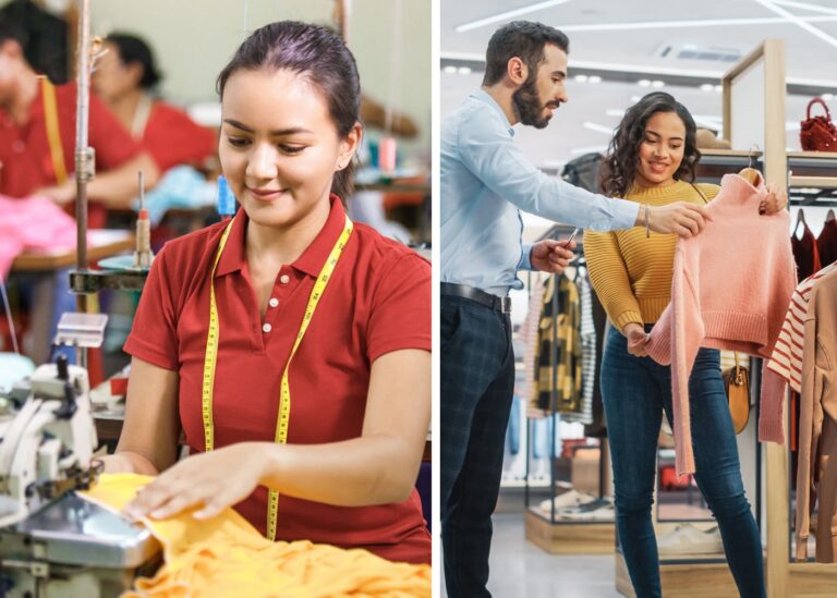 Right: a seamstress working in a clothes factory (B2B). Left: a salesman helping a customer at a fashion retailer (B2C).