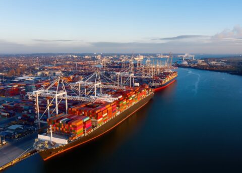 Docked container ships.