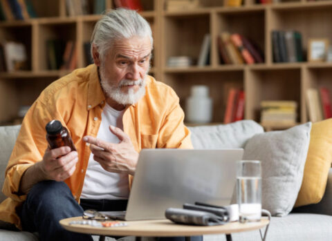 A resident at a senior living facility using telehealth service.