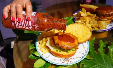 Poi Dog’s Guava Katsu sauce served on a burger.