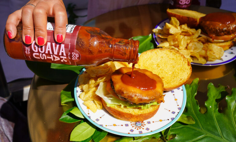 Poi Dog’s Guava Katsu sauce served on a burger.