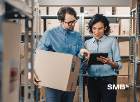 A small business team reviewing inventory to assess the company’s procurement needs.
