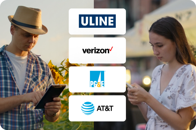 Logos of Uline, Verizon, PG&E, and AT&T which are part of Melio’s network and two business owners paying bills.