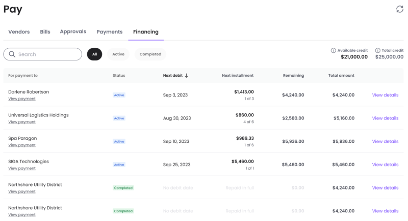 A screenshot of the Financing tab in Melio's new Pay experience.