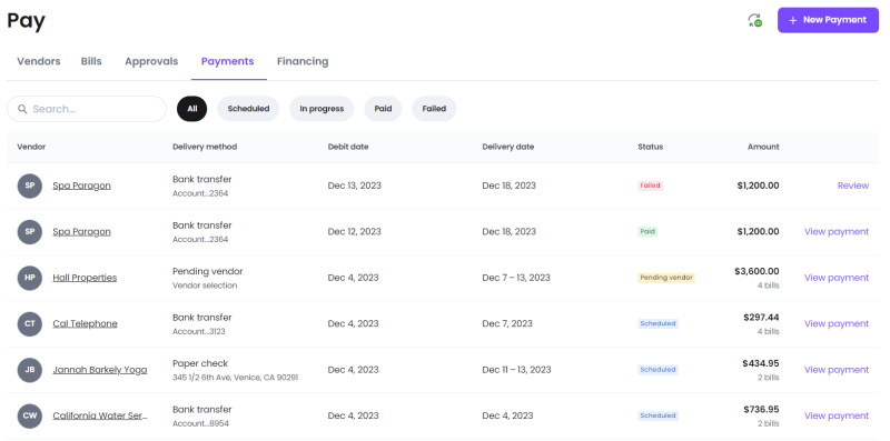 A screenshot of the Payments tab in Melio's new Pay experience.