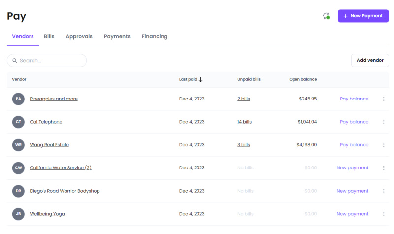 A screenshot of the Vendors tab in Melio's new Pay experience.