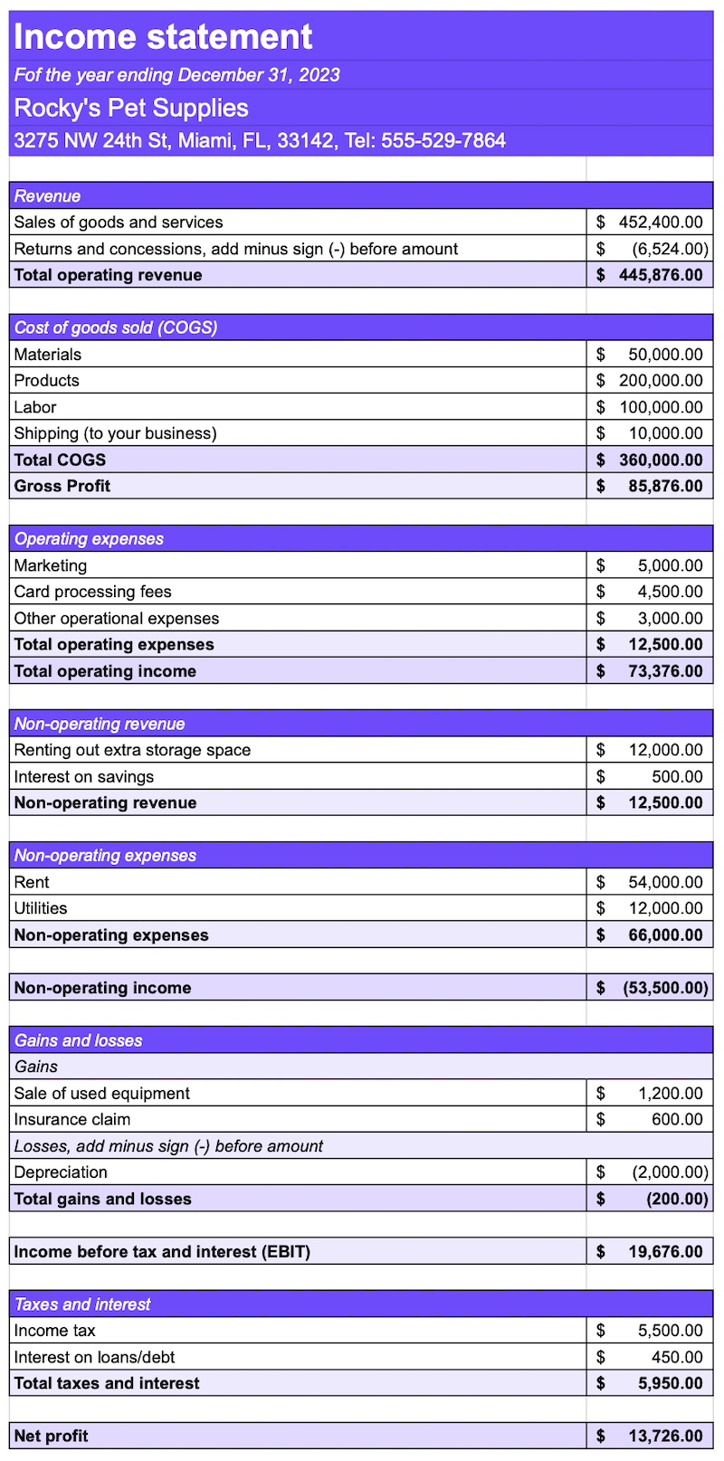 A multi-step income statement example for fictional business Rocky's Pet Supplies.