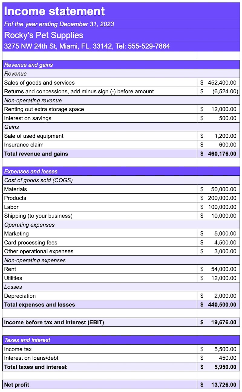 A single-step income statement example for fictional business Rocky's Pet Supplies.