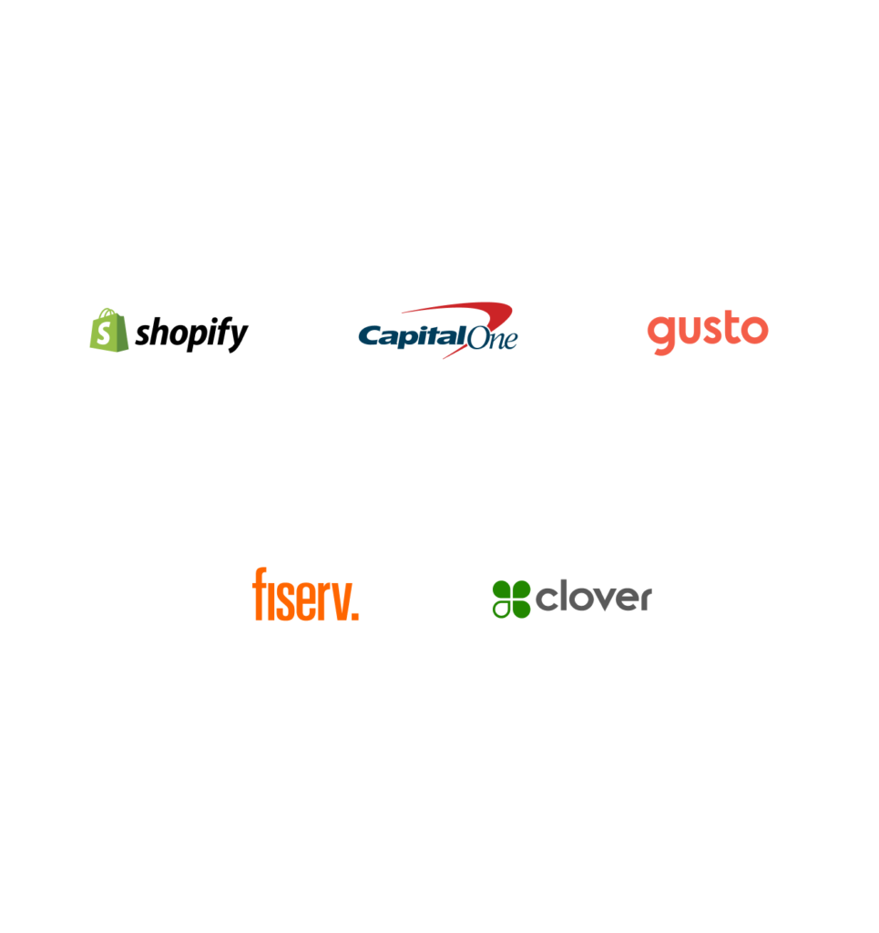Logos of Melio’s partners Fiserv, Shopify, Capital One, Clover and Gusto.