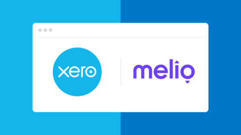 Split-screen graphic featuring logos of Xero and Melio. On the left, a bright blue background displays the Xero logo in white lowercase text within a circle. On the right, a deeper blue background features the Melio logo in vibrant purple lowercase text with a downward-pointing caret below the “o.” Both logos appear inside a stylized browser window centered over the background, symbolizing a digital integration or partnership.