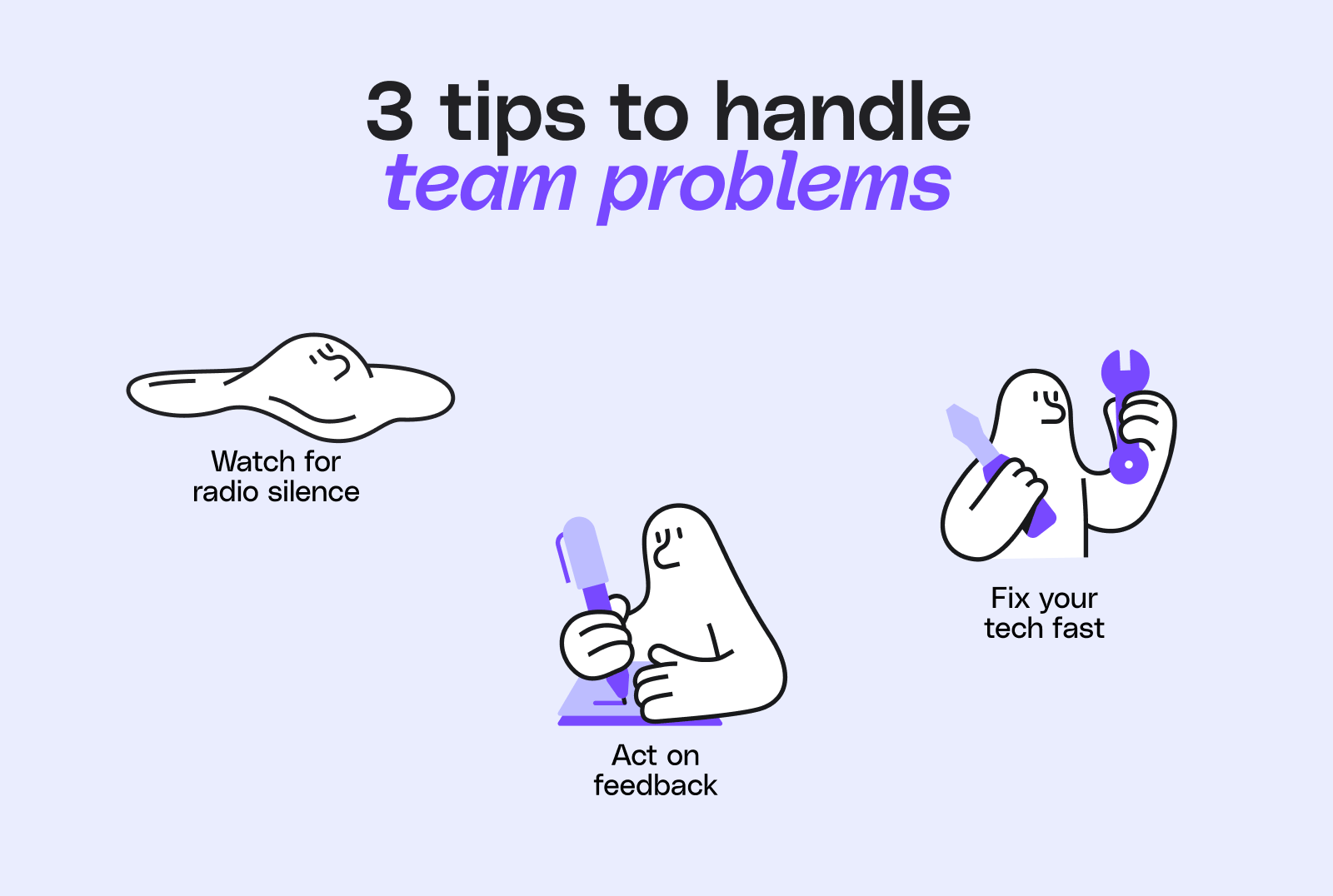 Illustration titled “3 tips to handle team problems” showing three cartoon figures with icons: one holding a checklist labeled “Clarify responsibilities,” one listening with an ear symbol labeled “Listen before you react,” and one raising a flag labeled “Surface issues early.”