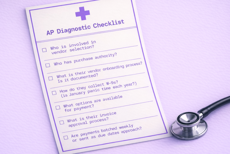 Accounts payable diagnostic checklist for identifying cash flow problems: vendor selection, purchase authority, onboarding processes, W-9 collection, payment options, invoice approvals, and payment batching