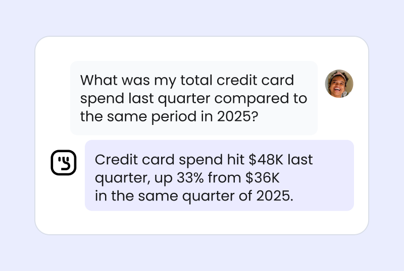 A chat interface screenshot showing a user asking about credit card spend and an AI assistant providing a data-driven answer.
