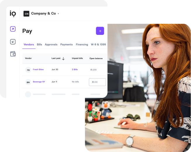 Bill pay software for SaaS companies—a software team at work alongside Melio's dashboard showing contractor and SaaS vendor payments