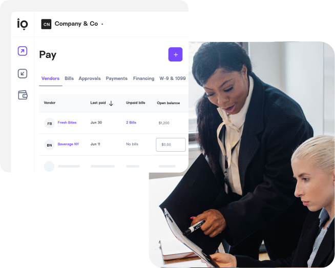 Accounts payable for law firms—an attorney and office manager reviewing Melio's dashboard, showing payments to court reporters, expert witnesses, and firm vendors
